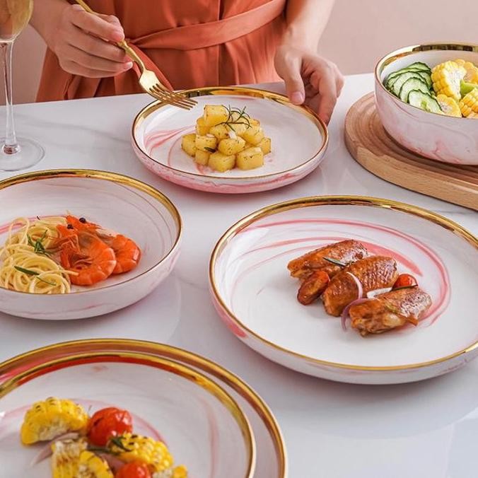 Murah Satuan Marble Pink Gold Plate Piring Makan Keramik Pink Emas Cantik