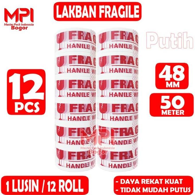 

1 Lusin [ 12 Pcs ] - Lakban Fragile Putih 48 Mm X 50 Yard - Handle With Care Jangan Dibanting - Master Pack Indonesia New Stok
