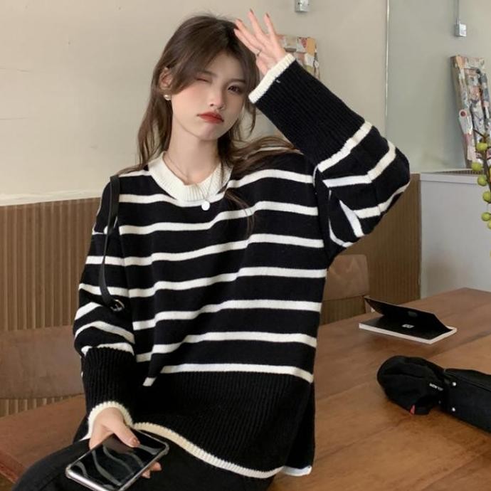 Promo Sweater Rajut Wanita Ala Korea Sweter Rajutan Lengan Panjang Leher Bulat Sweter Bergaris Antik