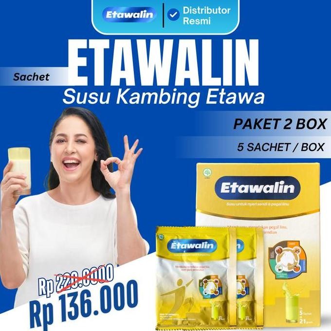 

Grosir [Kemasan Sachet] - Etawalin 2 Box Susu Kambing Etawa Bpom & Halal Dengan 5 Bahan Herbal Untuk Masalah Tulang & Sendi 200Gr Bubuk