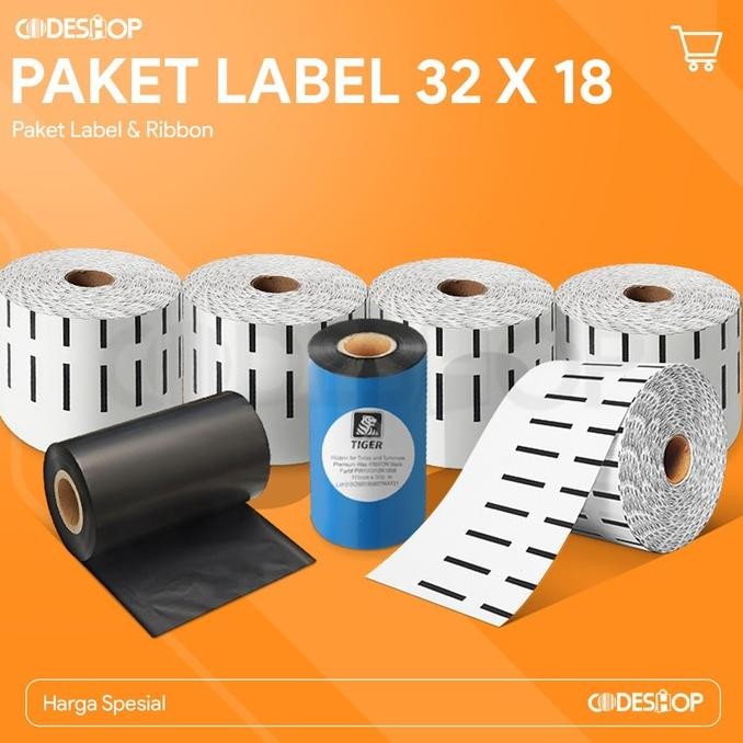 

Label Semicoat 32X18 5 Roll & 1 Roll Ribbon Wax Premium 110X300M Paket Co