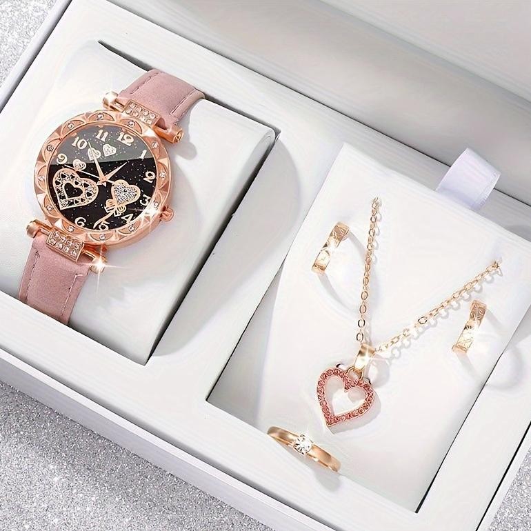 5PCS Jam Tangan Kuarsa Wanita Dial Berlian Cantik PU Kulit Dengan Set Perhiasan (Tanpa Kotak)