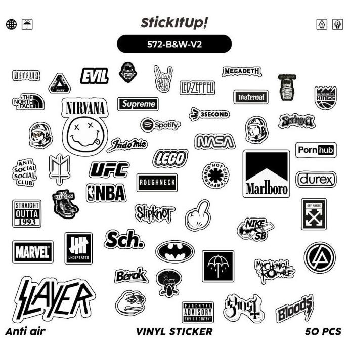 

50 PCS Stiker Aesthetic Black And White Brand Distro Vinyl Waterproof Anti Air - Sticker Helm Buku Journal Koper Motor Casing HP Laptop Tumbler Botol Minum Sepeda IPad Tablet Polaroid murah