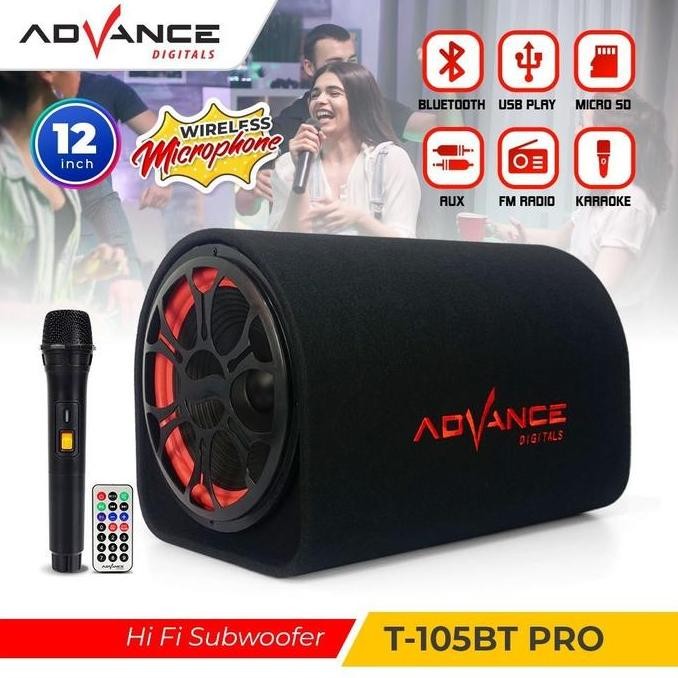 Grosir Advance T-105 Bt Pro Speaker 12" Inchi Subwoofer Karaoke Portable Tabung Bluetooth Bass Free 