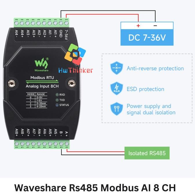 Waveshare Modbus Rtu Rs485 8 Ch Analog Input 8Ai Isolated Current 0-20Ma 4-20Ma  Din Rail Industrial