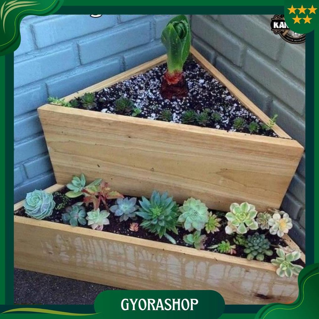 Wooden Planter Pot Kayu Sudut Vas Bunga 2 Tingkat Modern Ori