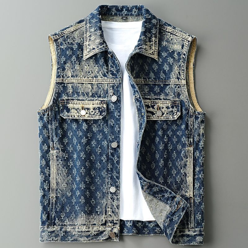 Rompi Denim Pria Berkualitas Tinggi Jaket Rompi Tanpa Lengan Jacquard Longgar