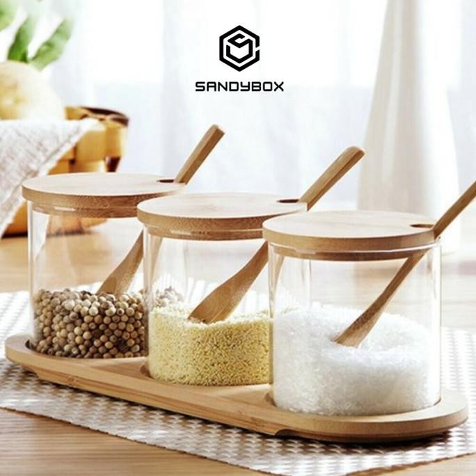 TOPLES BUMBU TUTUP KAYU ESTETIK, TEMPAT BUMBU 3 SET PCS