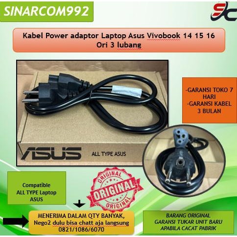Produk Baru Kabel Power adaptor Laptop Asus Vivobook 14 15 16 Ori 3 lubang