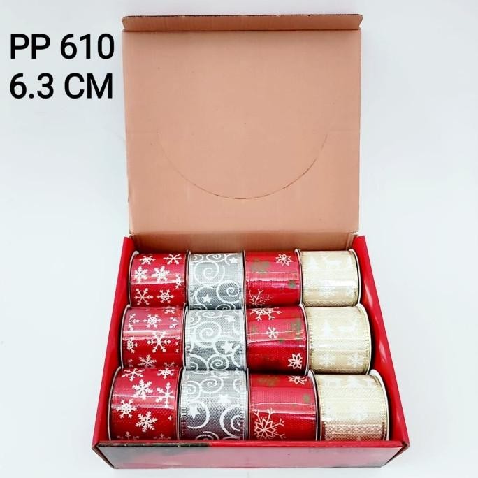 

Sale! Pita Kawat Natal Bahan Kain 6 Cm Pita Merah Emas Dekor Parcel Murah
