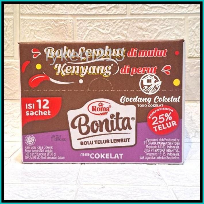 

ROMA BONITA BOLU TELUR LEMBUT CHOCOLATE COKELAT KEJU SUSU KELAPA PANDAN KEMASAN BOX 12PCS X 30G