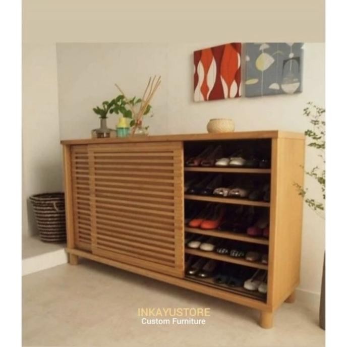 Lemari sepatu minimalis kayu jati solid, Almari sepatu kayu jati solid