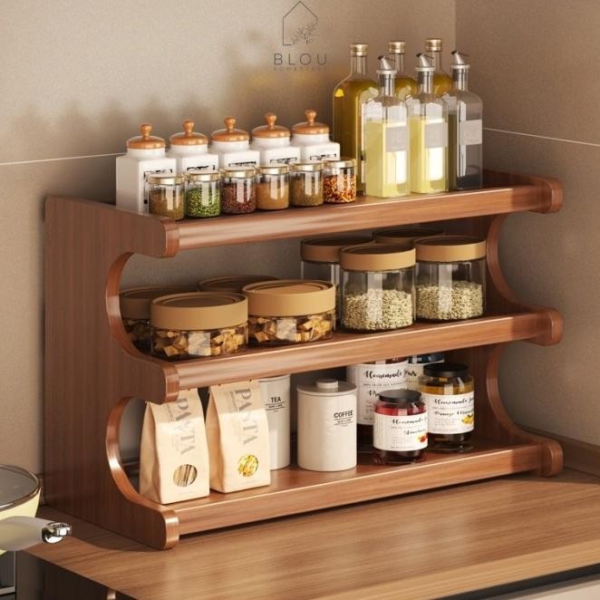 {{ Blou Rak Kayu Aesthetic Estetik Kitchen Rack Seasoning Storage Rack Rak Kayu Bambu Gelas Bumbu Da
