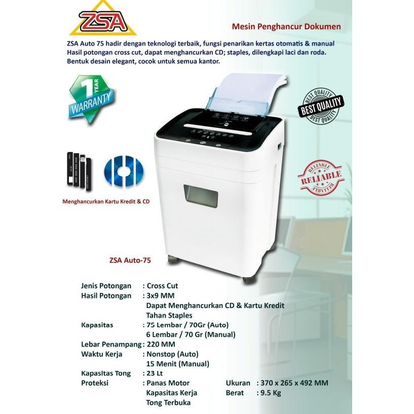 ZSA Auto75 Mesin Penghancur Kertas Auto-75 Paper Shredder Document