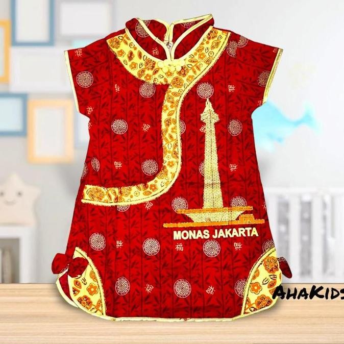 Geraigo- Baju Cina Dress Anak Perempuan Motif Monas Jakarta/Dress Cheongsam Anak Cewek Cantik