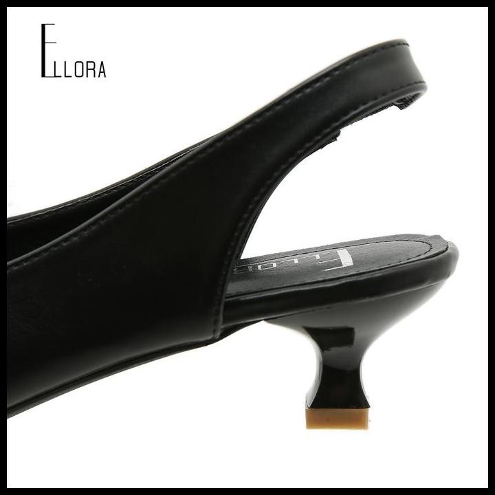 Terlaris Ellora El-6630 Sepatu Heels Wanita Import Slingback Premium Black Shoes Pansus Tali Belakan