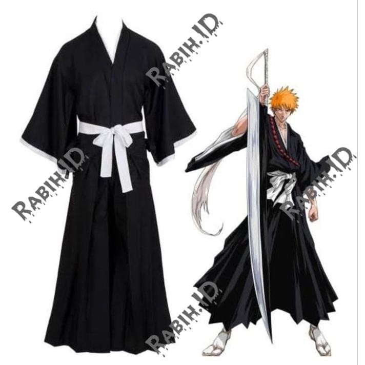 CR - Costume Kimono Hakama Bleach Black Ichigo Kurosaki Costume Anime Jepang Tradisional Unisex Wani