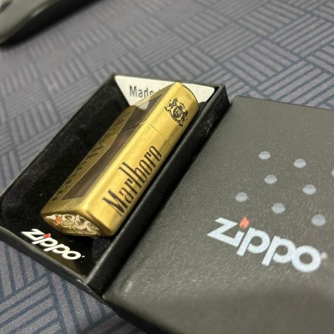 Korek Api Zippo Original Jadul Minyak Motif Marlb0r0 Gold Full Grafir
