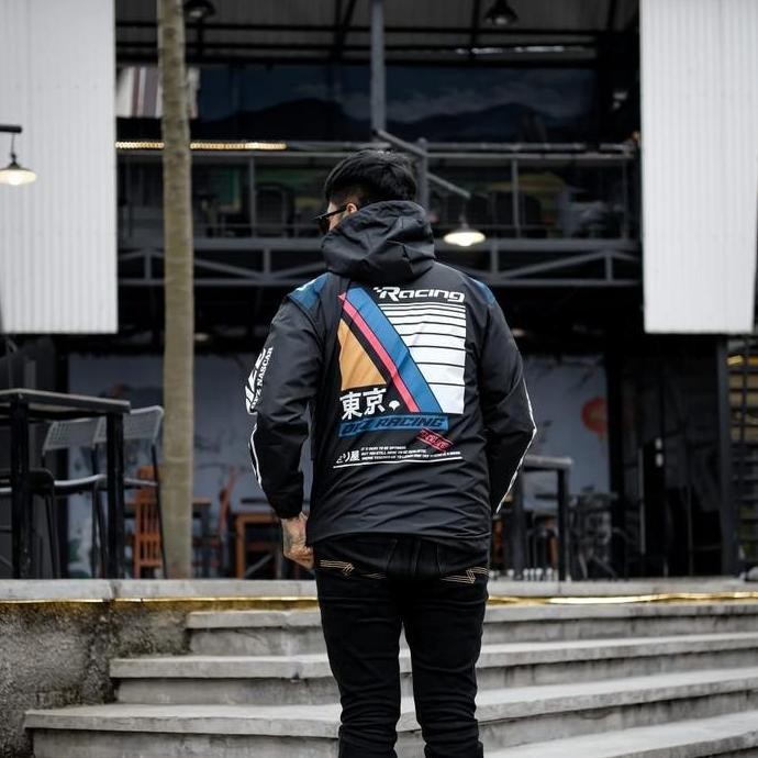Optimize Jaket Parasut Waterproof Cagoule Nascar Race Warna Hitam Putih Casual