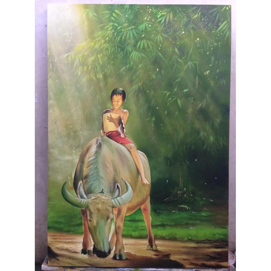 TERMURAH - Lukisan pemandangan anak naik kerbau nya bn