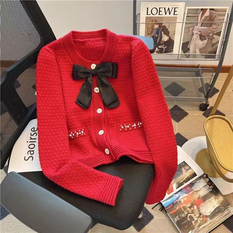Cardigan Rajut Wanita Kecil/Cardigan Sweater Berhias Pita Gaya Chanel