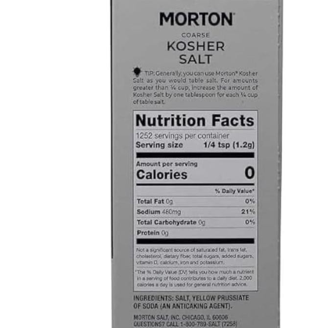 

Promo Morton Coarse Kosher Salt, Non-Gmo, 53Oz (3.3Lb) 1.50 Kg Pack Of 1, 1252 Servings Per Container - From Usa