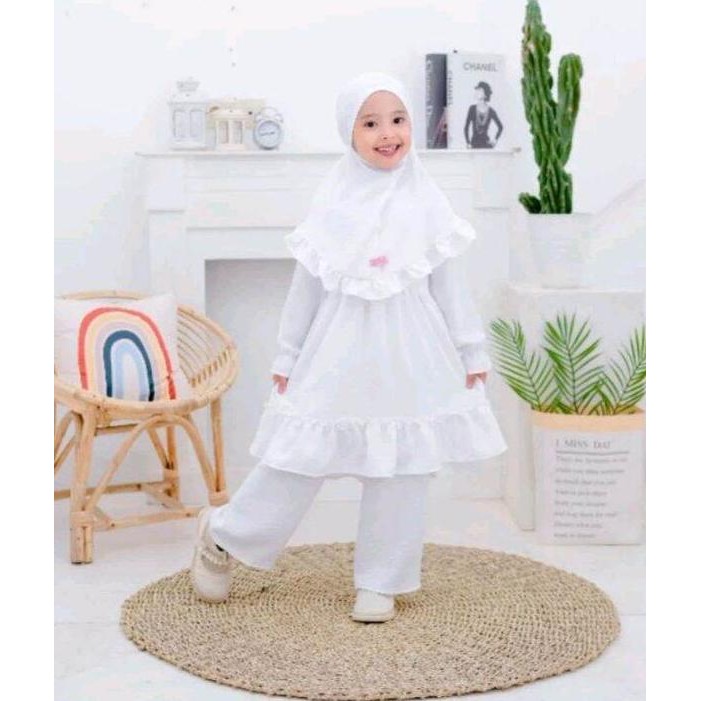 BAJU MUSLIM ANAK TK WARNA PUTIH TERBARU LUCU SETELAN TUNIK MANASIK HAJI ANAK CEWEK