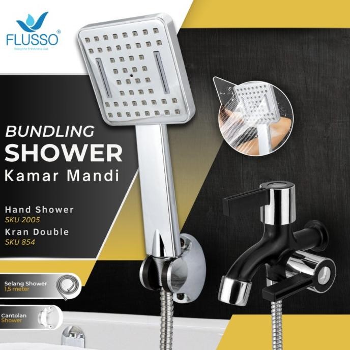 SHOWER SET KAMAR MANDI TERBARU + KRAN DOUBLE SHOWER HITAM SILVER FLUSSO | SHOWER MANDI SATU SET 854