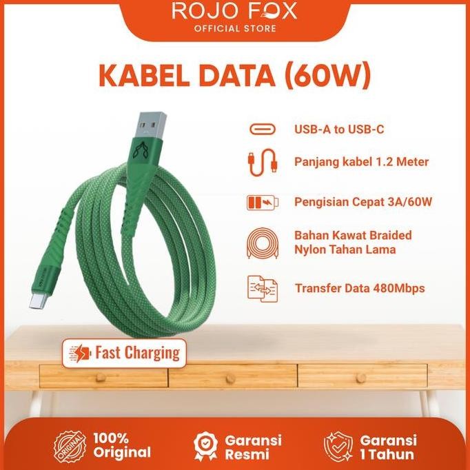 rojo fox kabel data usb type c fast charging 60w, usb a to c cable 1.2m - durable nylon braided, uni