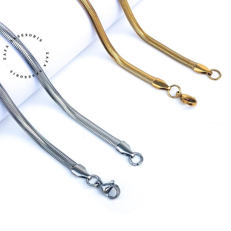 Zafa Kalung Titanium Pria Wanita Anti Karat Gepeng Lebar Silver Gold - Flat