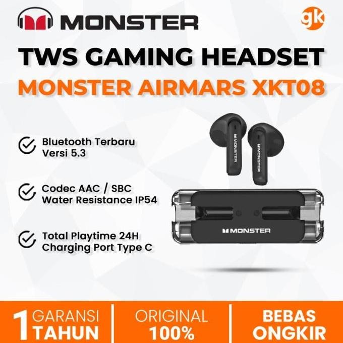 Original MONSTER Headset TWS Airmars XKT08 Bluetooth V5.3 Music Gaming Earphone - Hitam