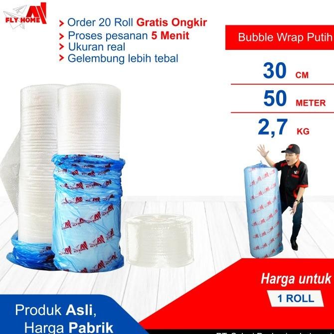 

tersedia flyhome bubble wrap putih 2,7kg potongan 30cm 1 roll besar 30x50meter