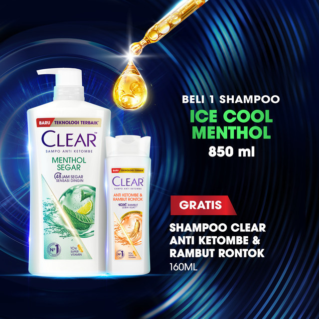 Beli 1 Clear Ice Cool Menthol 850ml GRATIS Clear Shampoo Anti Ketombe & Rambut Rontok 160ml