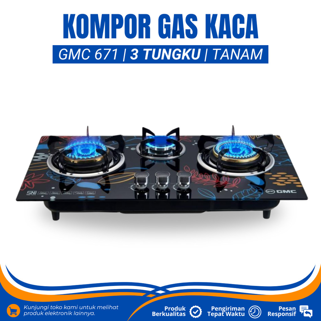 KOMPOR GAS 3 TUNGKU KACA GMC 671 KOMPOR GAS PANEL KACA TEMPERED GLASS KOMPOR GAS TANAM 3 TUNGKU