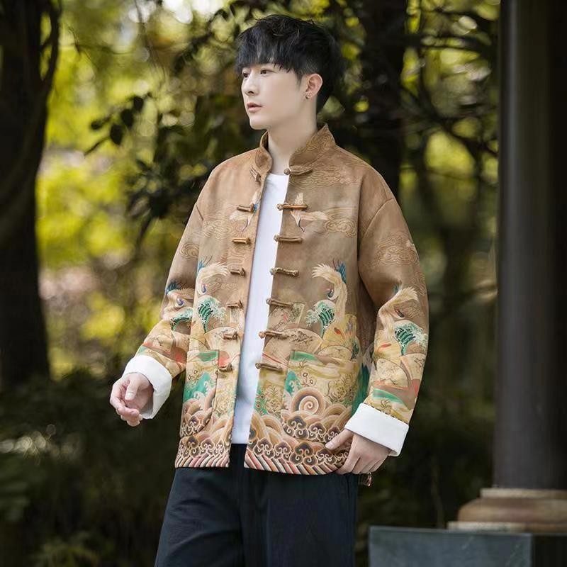 Setelan Baju Tang Pria Motif Floral, Pakaian Pria Gaya China, Kancing Kodok, Motif Bunga/Hanfu/Jaket