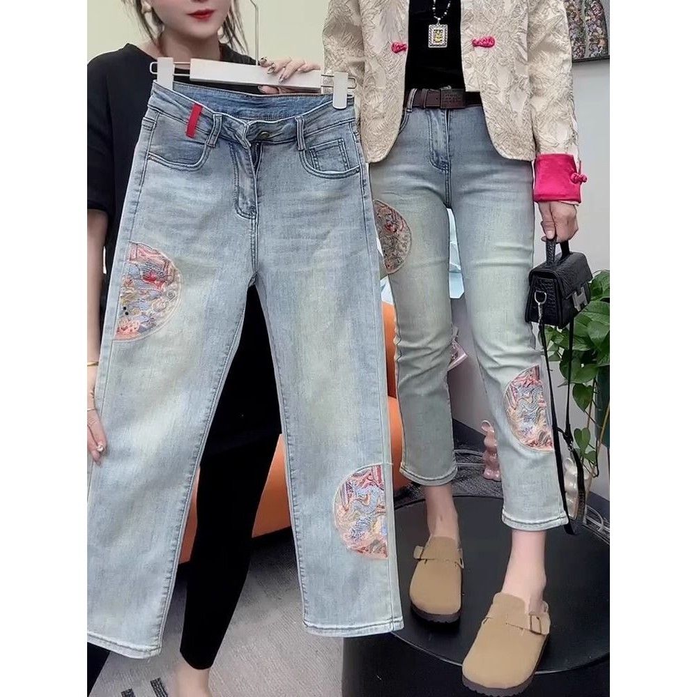 Jeans Wanita Ukuran Plus Gaya Cina Bordir Kaki Lurus Baru Musim Gugur Pinggang Tinggi Celana Rokok S