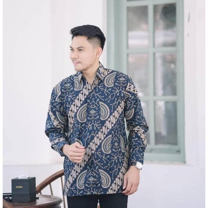 KEMEJA BATIK PRIA PREMIUM LENGAN PANJANG COTTON HALUS LEMBUT ADEM NYAMAN MOTIF PARANG BIRU - MASSA B