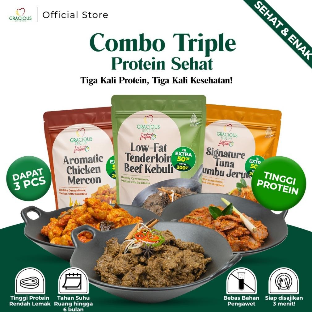 

TERMURAH Gracious Combo 3 Protein Sehat |Tuna Daun Jeruk + Low Fat Beef Tenderloin +Aromatic Chicken Mercon Siap kirim