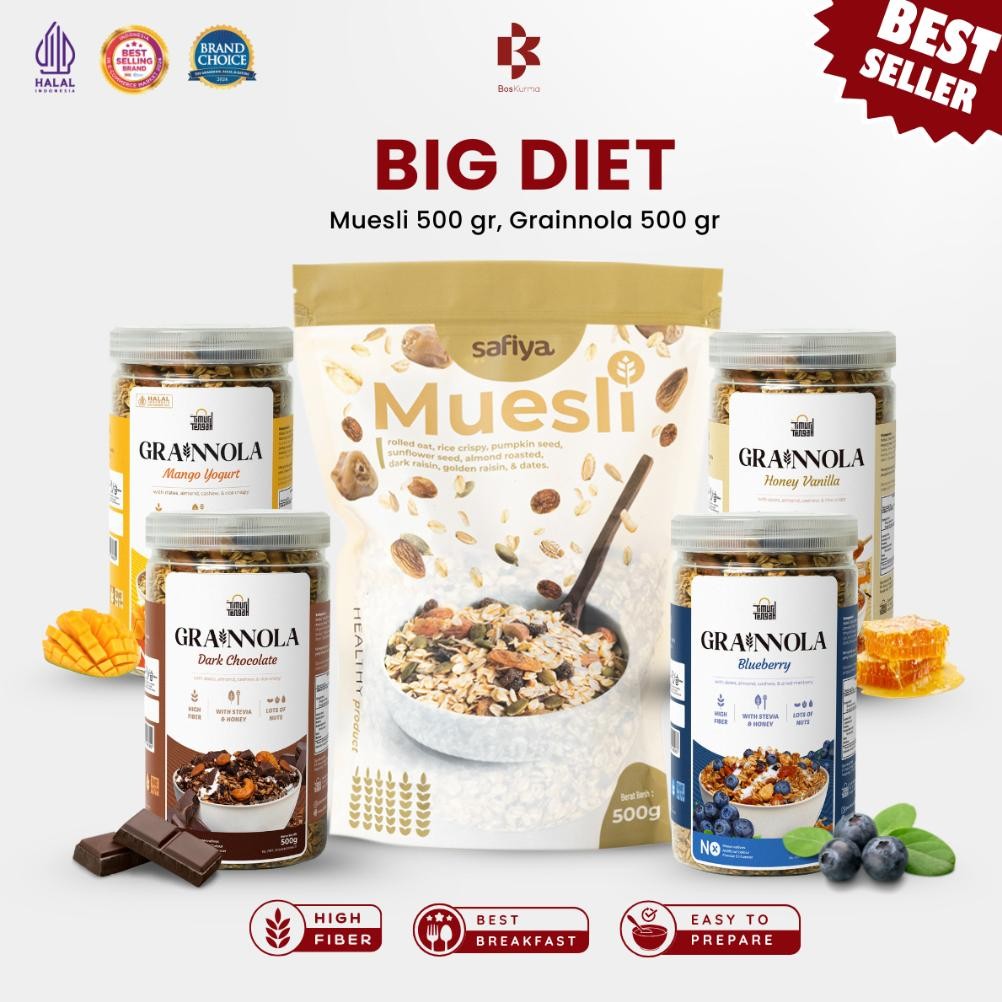 

TERMURAH [ BIG DIET ] Grainnola Timur Tengah 500gr + Muesli Safiya 500gr Sereal Granola Sarapan Siap kirim
