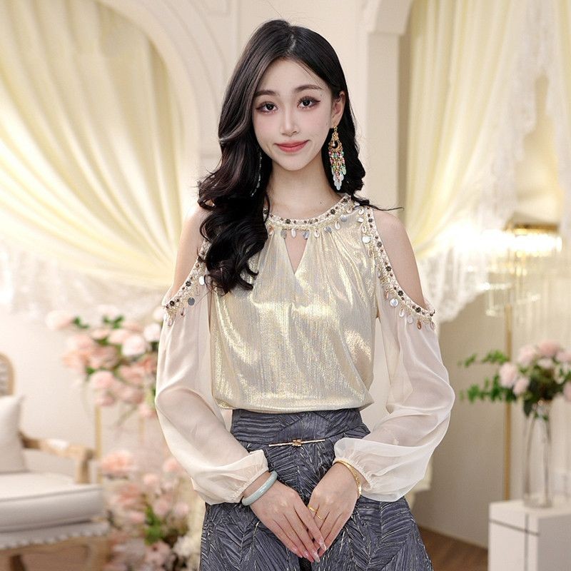 Baju Sifon Berpayet Wanita, Baju Lengan Panjang Leher Halterneck