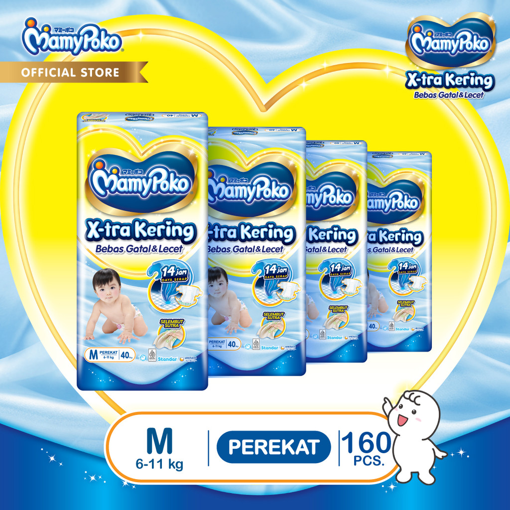 MamyPoko X-tra Kering - M 40 - Popok Perekat Newborn Bayi Baru Lahir - 4 Packs