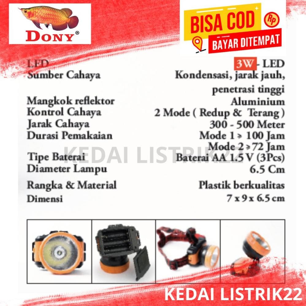 Quality Dony Kb-888 / Dn-501 Senter Kepala 3 Watt Kecil Pakai Baterai Aa Pemakaian 100Jam Promo