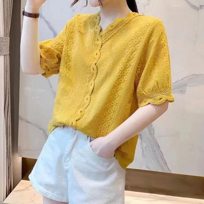 BLUS KATUN BRUKAT BORDIR HIJAU MINT KUNING UNGU PUTIH PINK SALEM V NECK LIS KEPANG IMPORT