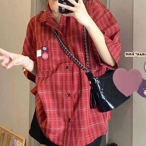 Red Plaid Shirt Layered Outerwear Mid-Length Versatile Shirt