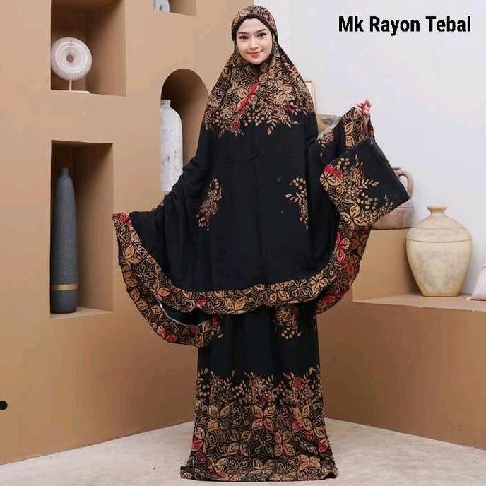 Mukenah Batik Jumbo Cap Pekalongan Terusan Wanita Rayon Traveling Hitam Dewasa Panjang Motif Muslim 