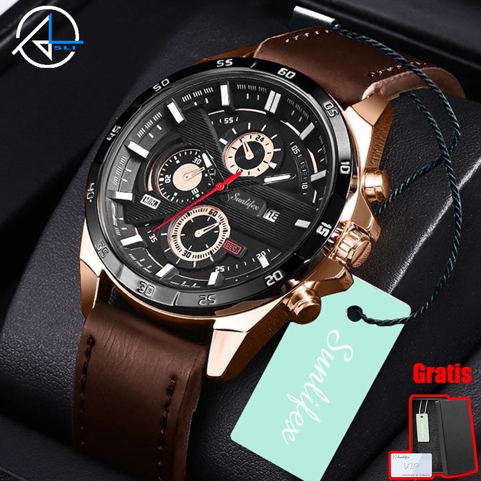 Jam Tangan Pria Original Olahraga Anti Air Pria Tali Kulit Kalender Luminous Jam Tangan Cowok Free B