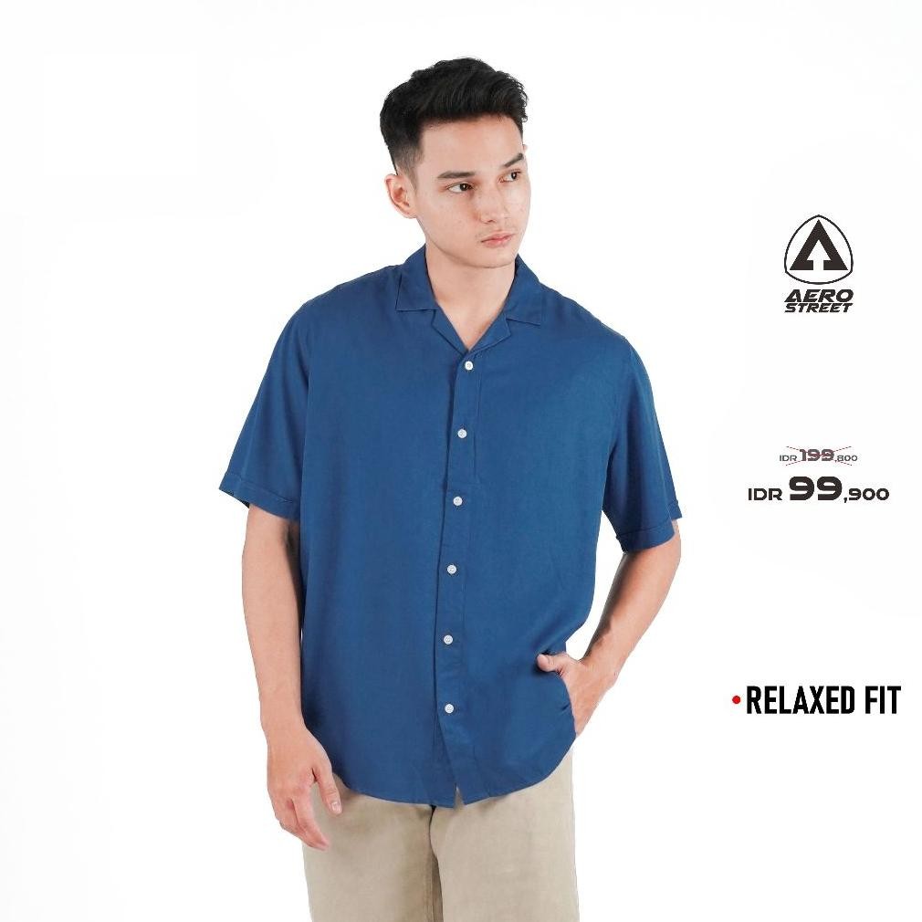 COD Aerostreet Kemeja Rayon Marva Prussian Blue Hawai Polos Cerah QABAA d-7