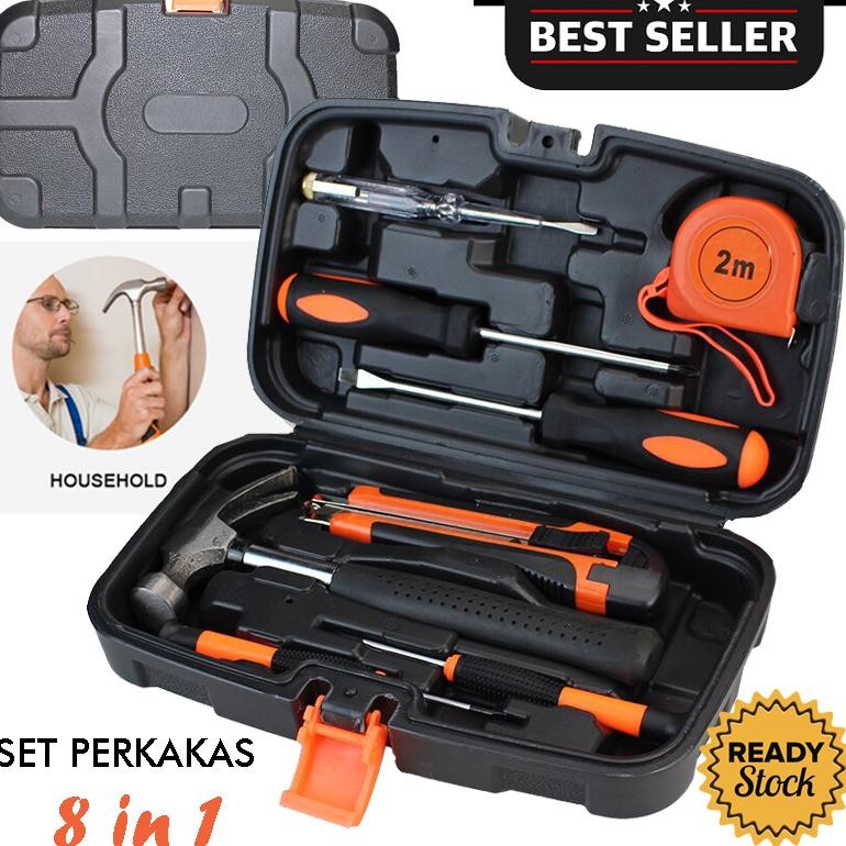 Alat Set Perkakas Palu Obeng Cutter Meteran Tespen 8 in 1 dengan Box Multifungsi Lengkap Komplit Kum