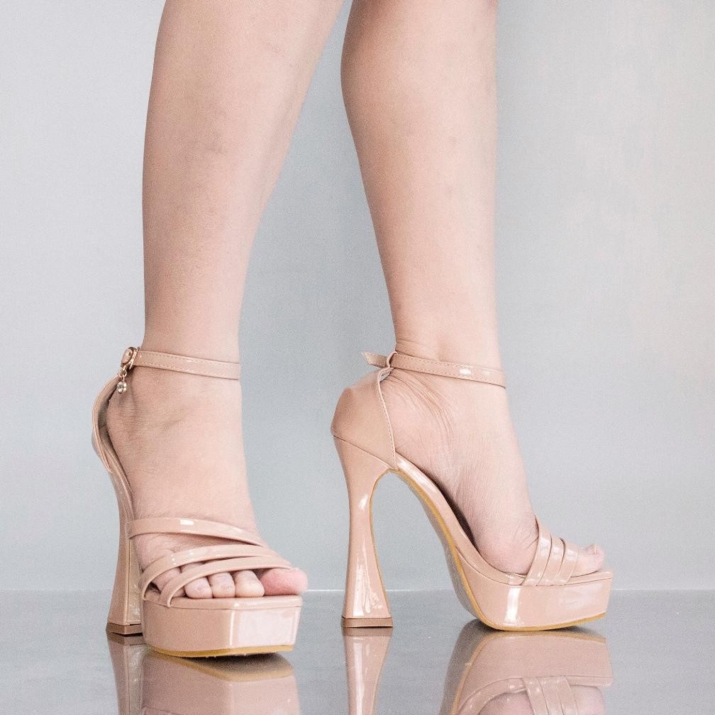 YKshoes 1804 heels 14cm flare strappy heels sepatu hak tali sintetis glossy sepatu hak tali tinggi h