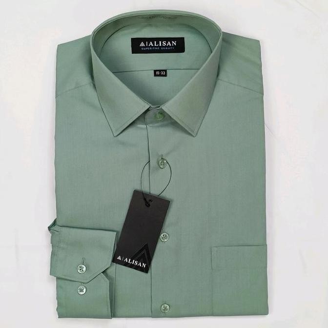 Kemeja Pria Alisan Lengan Panjang Reguler Polos Warna Hijau Sage